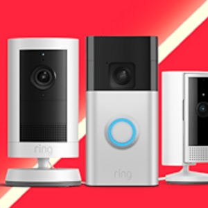Ring cameras and doorbell on red background