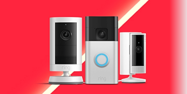 Ring cameras and doorbell on red background